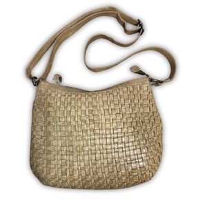 Vilenca Holland Tan Woven Leather Crossbody Bag Adjustable Strap Boho Neutral